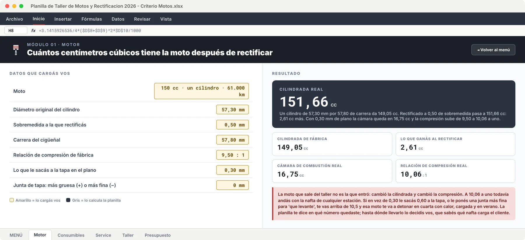 La cilindrada y la compresión que tiene después de rectificar — Planilla de Taller de Motos y Rectificación