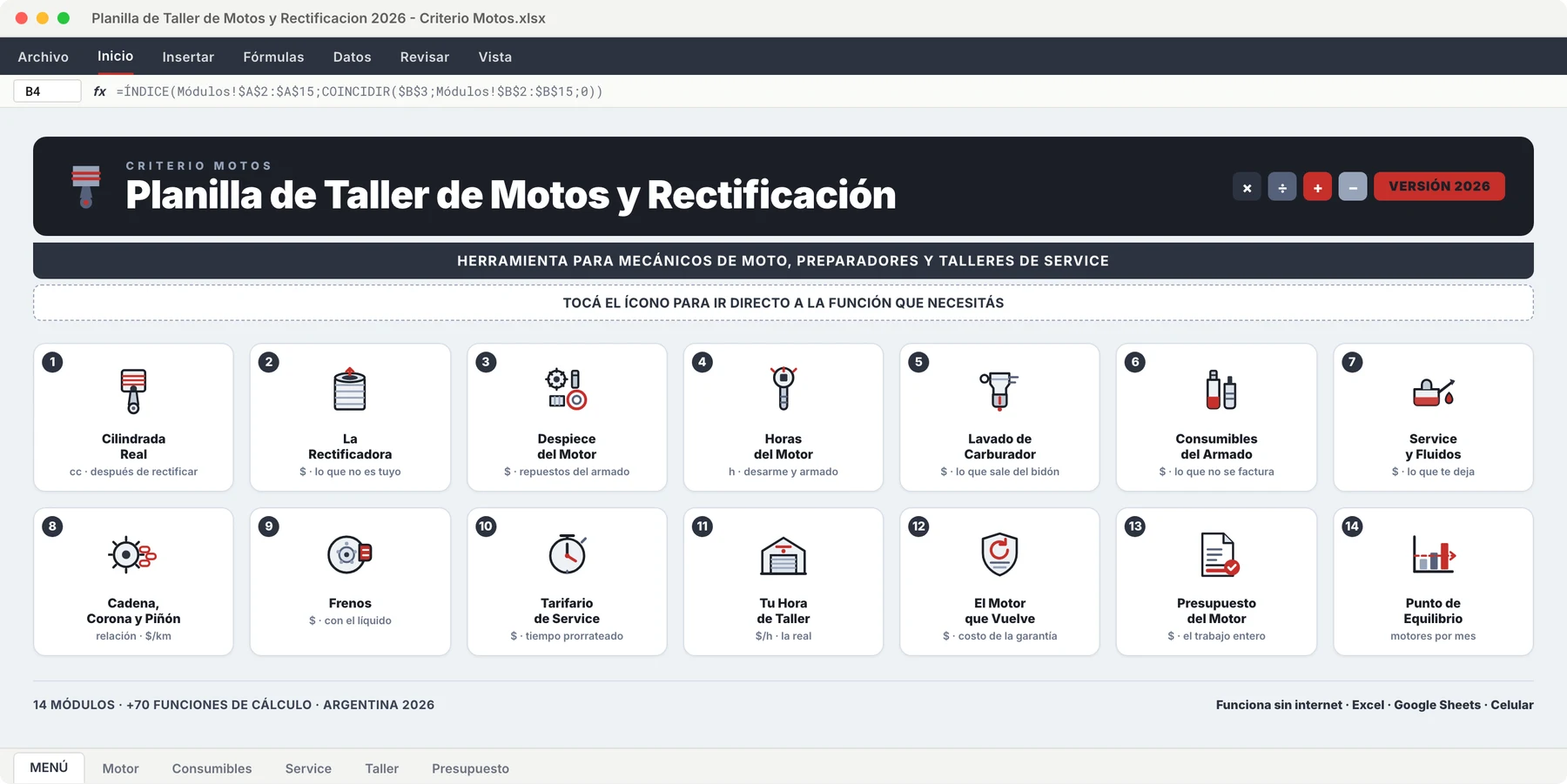 Menú principal de la Planilla de Taller de Motos y Rectificación 2026 con sus 14 módulos de cálculo