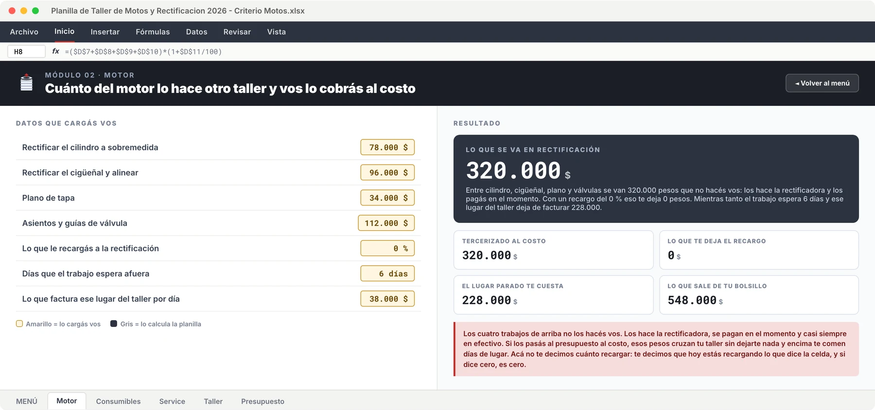 Lo que se lleva la rectificadora y vos pasás al costo — Planilla de Taller de Motos y Rectificación